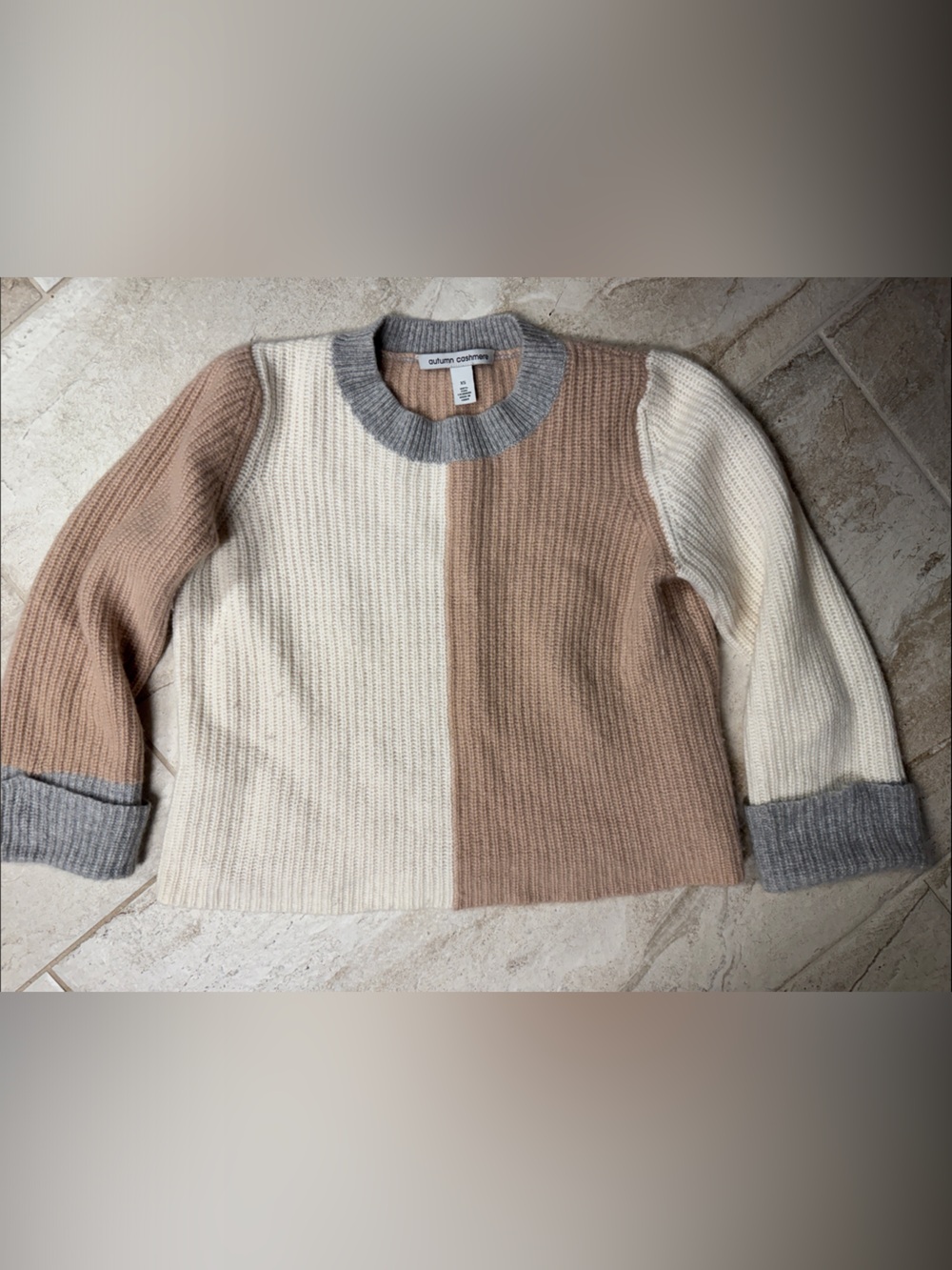Autumn Cashmere cropped Cream, Taupe & Gray Blocked Crewneck Sweater